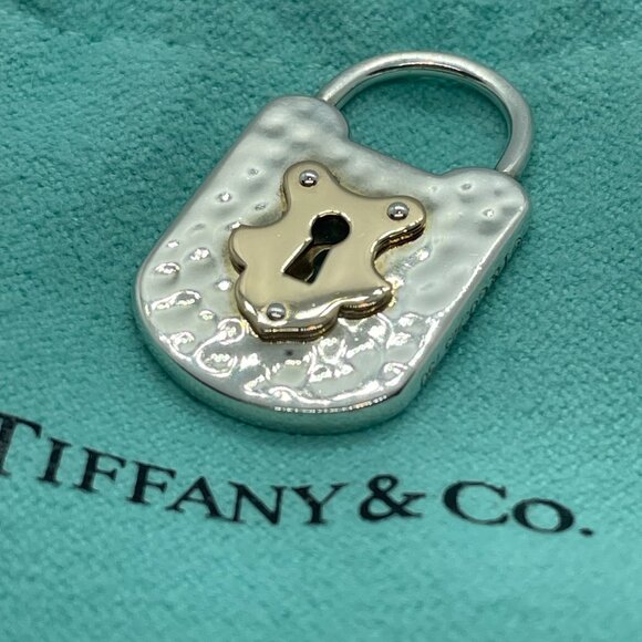 Tiffany & Co Silver & 18K Rose Gold Mini Hammered Oval Lock Key Charm Pendant - Picture 5 of 12